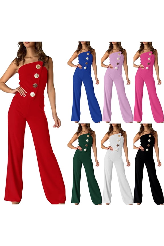 Women's Strapless Tube Top Jumpsuit Metal Button Decor Loose Wide Leg Pants Black L