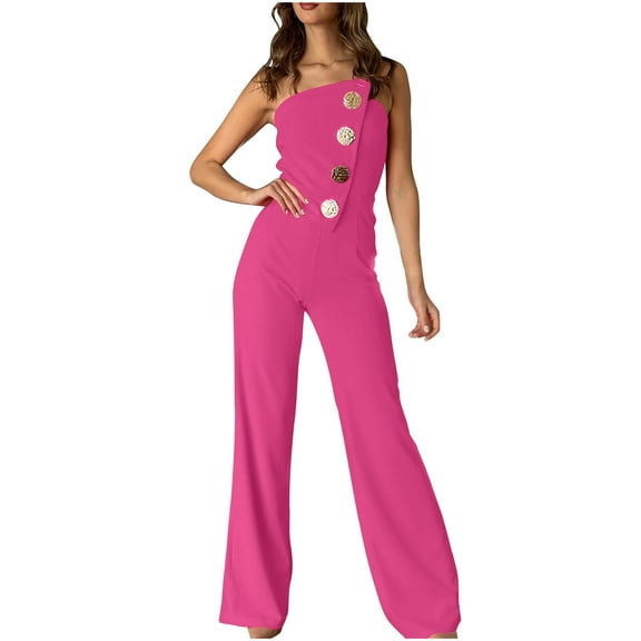 jtjvou Women's Strapless Tube Top Jumpsuit Metal Button Decor Loose Wide Leg Pants Pink XXL