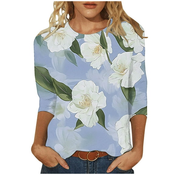 jtjvou Women's Summer 3/4 Sleeve Blouse Trendy Fashion Lady Plus Size Floral Tees Round Neck Shirts Going out Tops for Teen Multicolor,XXXXXL