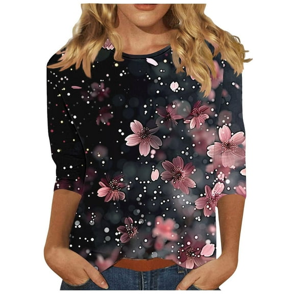 jtjvou Women's Summer 3/4 Sleeve Pullover Floral Tops Crewneck Shirts Lady Trendy Fashion Going out Tops for Teen Casual Loose Multicolor,S