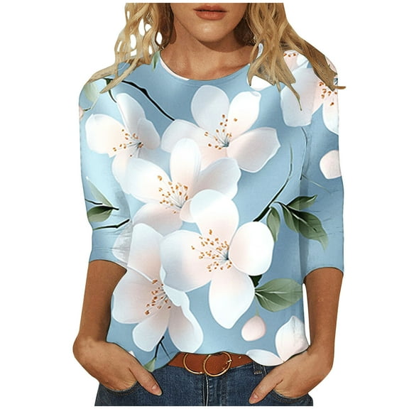 jtjvou Women's Summer 3/4 Sleeve Pullover Trendy Fashion Lady Crewneck Pullover Going out Tops for Teen Oversize Floral Tops Multicolor,M