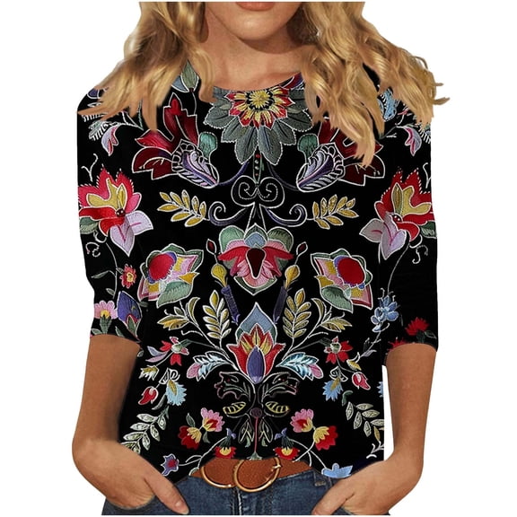 jtjvou Women's Summer 3/4 Sleeve Shirts Floral Tuinc Trendy Fashion Round Neck Pullover Lady Casual Loose Going out Tops for Teen Multicolor,M