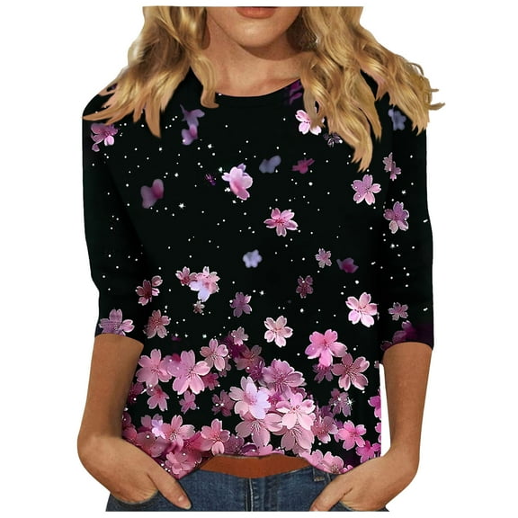 jtjvou Women's Summer 3/4 Sleeve Shirts Oversize Floral Tuinc Going out Tops for Teen Round Neck Blouse Trendy Fashion Lady Multicolor,XXXXXL
