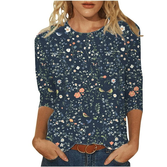 jtjvou Women's Basic Business Work T-Shirts Summer 3/4 Sleeve Tops Lady Trendy Fashion Round Neck Pullover Plus Size Floral Blouse Going out Tops for Teen Multicolor,L