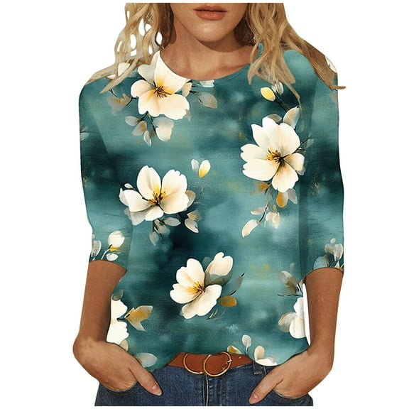jtjvou Women's Summer 3/4 Sleeve Tuinc Trendy Fashion Oversize Lady Going out Tops for Teen Round Neck Shirts Floral Pullover Multicolor,XXXXXL