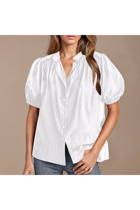 Women's Summer Button Down Shirts Short Lantern Sleeve V Neck Cotton Cute Dressy Casual Ladies Tops Blouses White L