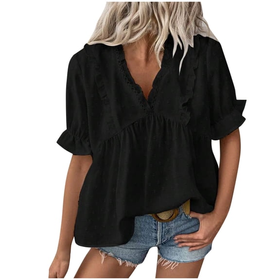 jtjvou Women's Summer Dot Peplum Tops V Neck Ruffle Trim Short Sleeve Blouses Casual Solid Loose Fit Flowy Shirts Black M