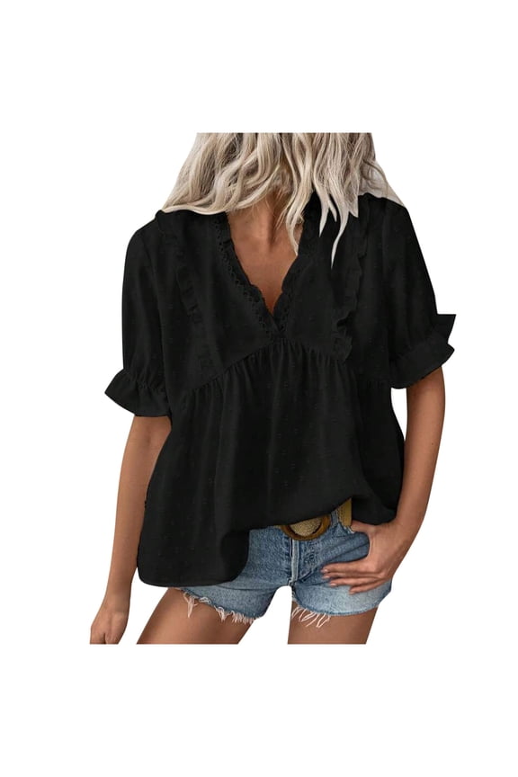Women's Summer Dot Peplum Tops V Neck Ruffle Trim Short Sleeve Blouses Casual Solid Loose Fit Flowy Shirts Black XXL