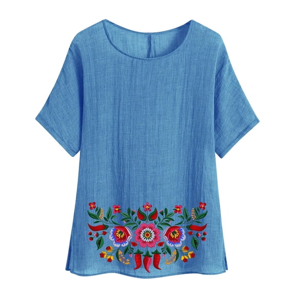 jtjvou Women's Summer Floral Print Pullover Round Neck Blouse Short Sleeve Tuinc Trendy Fashion Lady Casual Loose Going out Tops for Teen Blue,XXL