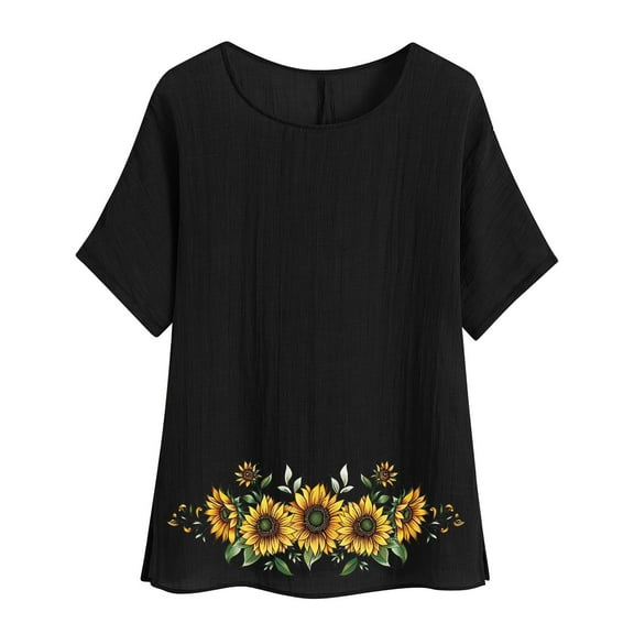 jtjvou Women's Summer Floral Print Tuinc Round Neck Pullover Short Sleeve Shirts Oversize Lady Trendy Fashion Going out Tops for Teen Black,L