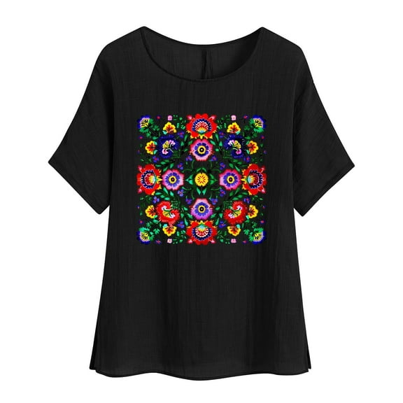 jtjvou Women's Summer Floral Shirts Round Neck Pullover Plus Size Short Sleeve Tees Lady Going out Tops for Teen Trendy Fashion Black,L