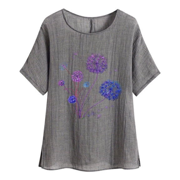 jtjvou Women's Summer Floral Tops Round Neck Pullover Lady Plus Size Going out Tops for Teen Short Sleeve Pullover Trendy Fashion Gray,M