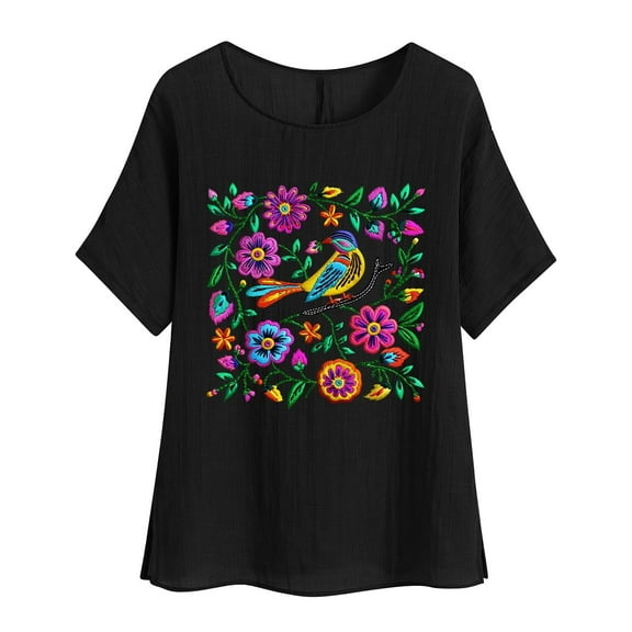 jtjvou Women's Summer Floral Tuinc Round Neck Shirts Going out Tops for Teen Trendy Fashion Short Sleeve Shirts Oversize Black,L