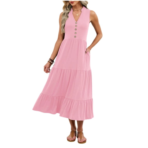 jtjvou Women's Summer Maxi Dress V-Neck A Line Tiered Ruffle Flowy Sundress Fashion Long Beach Casual Dresses Pink L