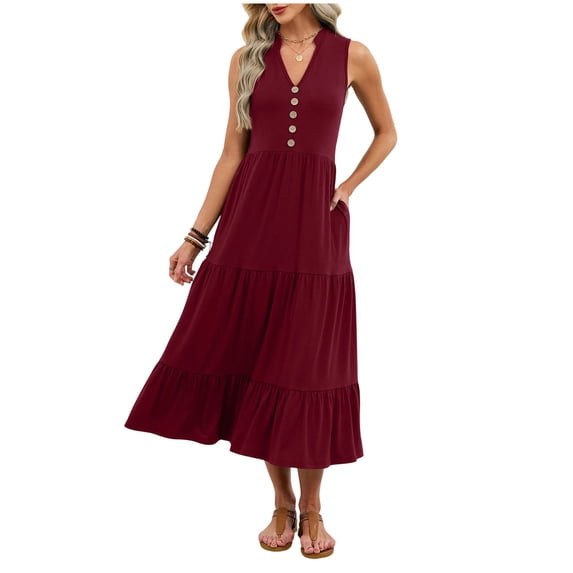 jtjvou Women's Summer Maxi Dress V-Neck A Line Tiered Ruffle Flowy Sundress Fashion Long Beach Casual Dresses Wine M