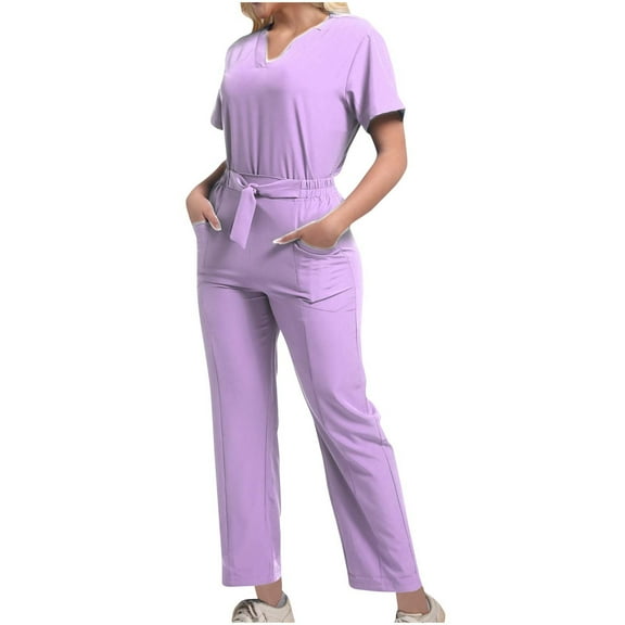 jtjvou Women's Summer One Piece Jumpsuits Belted Short Sleeve Wrap V Neck Fashion Dressy Casual Wide Leg Pants Romper Purple S