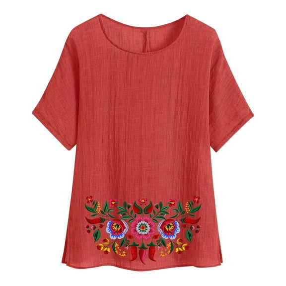 jtjvou Women's Cotton Linen Tops Summer Round Neck Blouse Going out Tops for Teen Short Sleeve Tuinc Floral Print Pullover Trendy Fashion Casual Loose Red,S