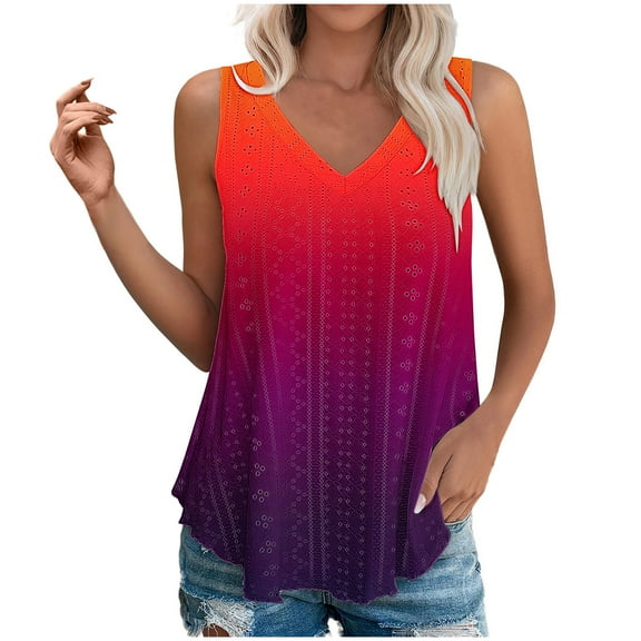 jtjvou Women's Summer Round Neck Pullover Eyelet Fashion V-Neck Blouse Plus Size Going out Tops for Teen Gradient Shirts Multicolor,L