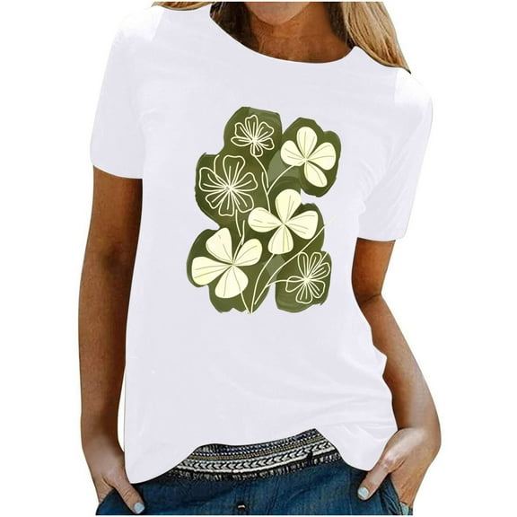 jtjvou Women's Summer Short Sleeve Blouse Floral Tees Lady Oversize Going out Tops for Teen Round Neck Pullover Trendy Fashion White,M