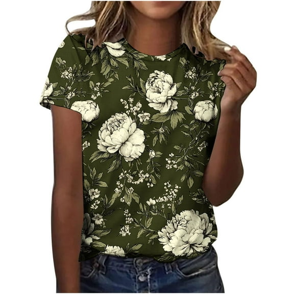 jtjvou Women's Summer Short Sleeve Pullover Round Neck Shirts Floral Tops Oversize Lady Trendy Fashion Going out Tops for Teen Multicolor,S