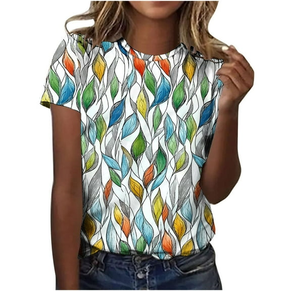 jtjvou Women's Summer Short Sleeve Pullover Round Neck Tuinc Floral Tops Trendy Fashion Lady Going out Tops for Teen Oversize Multicolor,XXXL