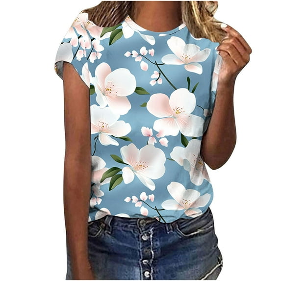 jtjvou Women's Summer Short Sleeve Pullover Trendy Fashion Floral Tops Lady Casual Loose Round Neck Pullover Going out Tops for Teen Multicolor,S