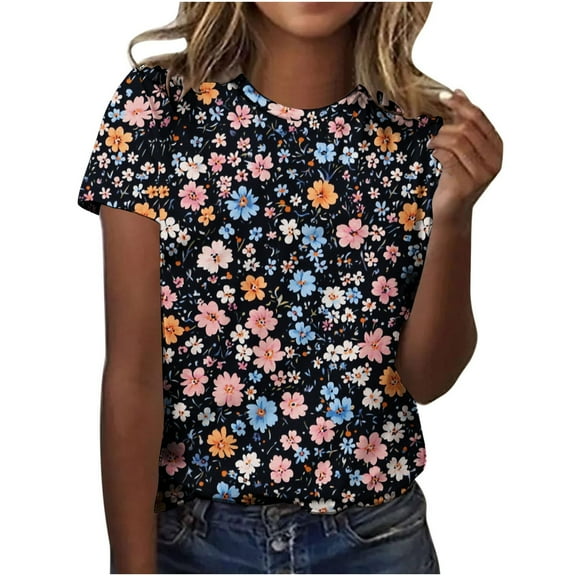 jtjvou Women's Summer Short Sleeve Shirts Round Neck Shirts Floral Tuinc Going out Tops for Teen Trendy Fashion Casual Loose Multicolor,S