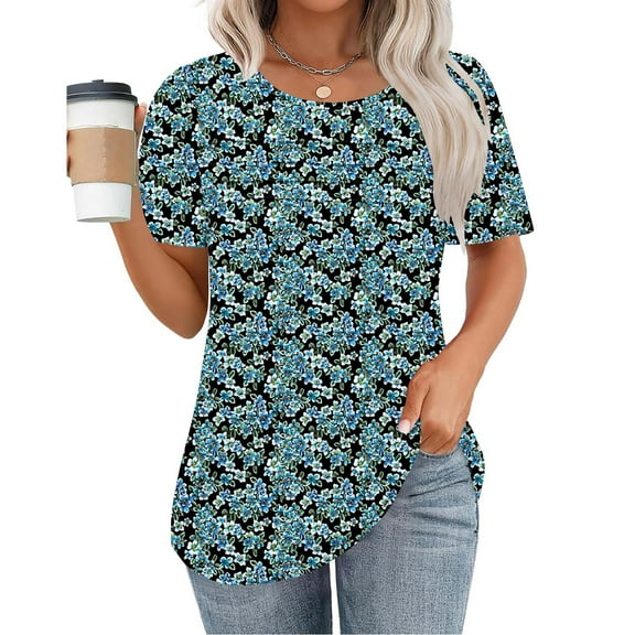 jtjvou Women's Summer Short Sleeve Tees Going out Tops for Teen Oversize Floral Shirts Lady Round Neck Blouse Trendy Fashion Multicolor,XXL