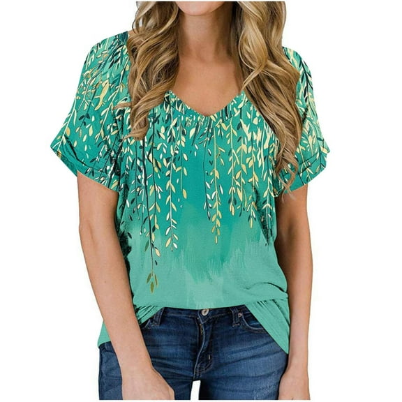 jtjvou Women's Summer Short Sleeve Tops Casual Loose Floral Blouse Going out Tops for Teen V-Neck Pullover Lady Trendy Fashion Multicolor,S
