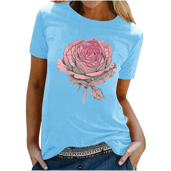 jtjvou Women's Loose Fit Basic T-Shirts Summer Short Sleeve Tops Floral Blouse Trendy Fashion Lady Plus Size Round Neck Shirts Going out Tops for Teen Sky Blue,L