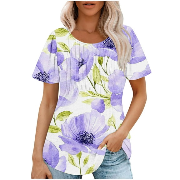 jtjvou Women's Summer Short Sleeve Tuinc Casual Loose Floral Pullover Round Neck Pullover Going out Tops for Teen Trendy Fashion Lady Multicolor,XXL