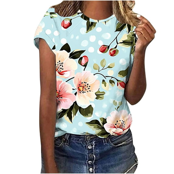 jtjvou Women's Summer Short Sleeve Tuinc Trendy Fashion Floral Pullover Lady Crewneck Tuinc Going out Tops for Teen Oversize Multicolor,XL