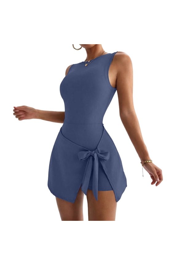 Women's Summer Sleeveless Bodycon Tie Waist Romper Skort Mini Tennis Athletic Dress Built Shorts Casual Vacation Dress Blue L