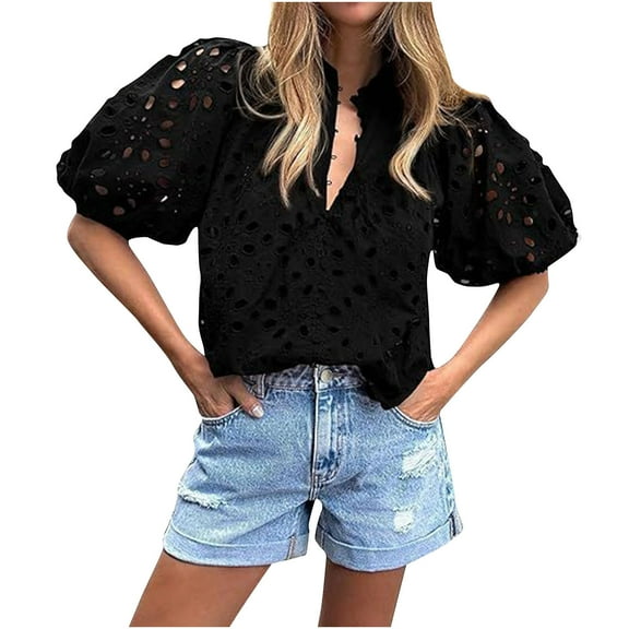 jtjvou Women's Summer Tops 2026 Dressy Casual Short Sleeve V Neck Buttons Hollow Eyelet Lace Embroidered Blouses Shirts Black L