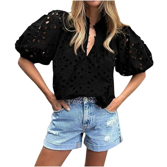 jtjvou Women's Summer Tops 2026 Dressy Casual Short Sleeve V Neck Buttons Hollow Eyelet Lace Embroidered Blouses Shirts Black S