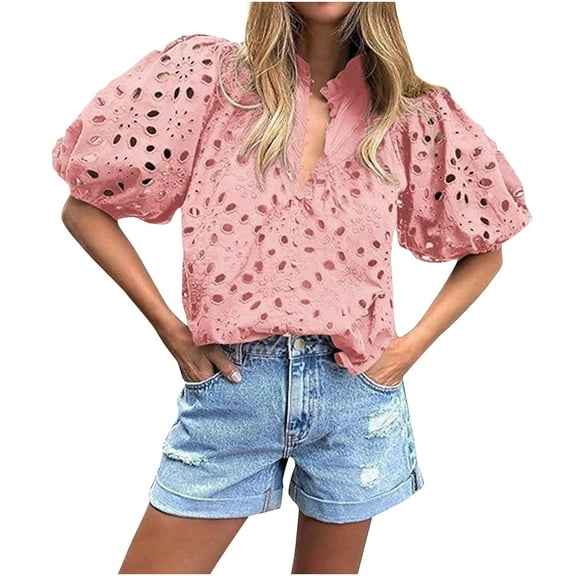 jtjvou Women's Summer Tops 2026 Dressy Casual Short Sleeve V Neck Buttons Hollow Eyelet Lace Embroidered Blouses Shirts Pink M