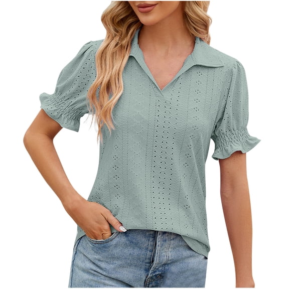 jtjvou Women's Summer Tops Puff Short Sleeve V Neck Blouses Dressy Casual Hollow Out Eyelet Embroidered Collared Tunic Shirts Green L