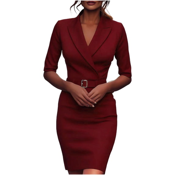 jtjvou Women's Summer Work Dress 3/4 Sleeve Elegant Lapel V Neck Bodycon Dresses Office Business Clothes with Belt Red XXL