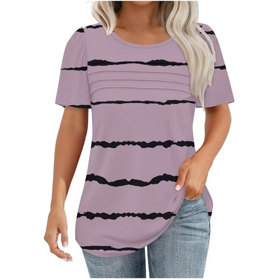 jtjvou Women's Swing Flowy Blouse Summer Short Sleeve Shirts Striped Tuinc Round Neck Shirts Trendy Fashion Going out Tops for Teen Casual Loose Lady Multicolor,S