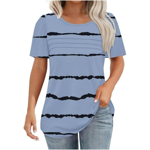 jtjvou Women's Trendy Fashion Short Sleeve Tuinc Striped Pullover Summer Plus Size Going out Tops for Teen Round Neck Tuinc Lady Multicolor,L
