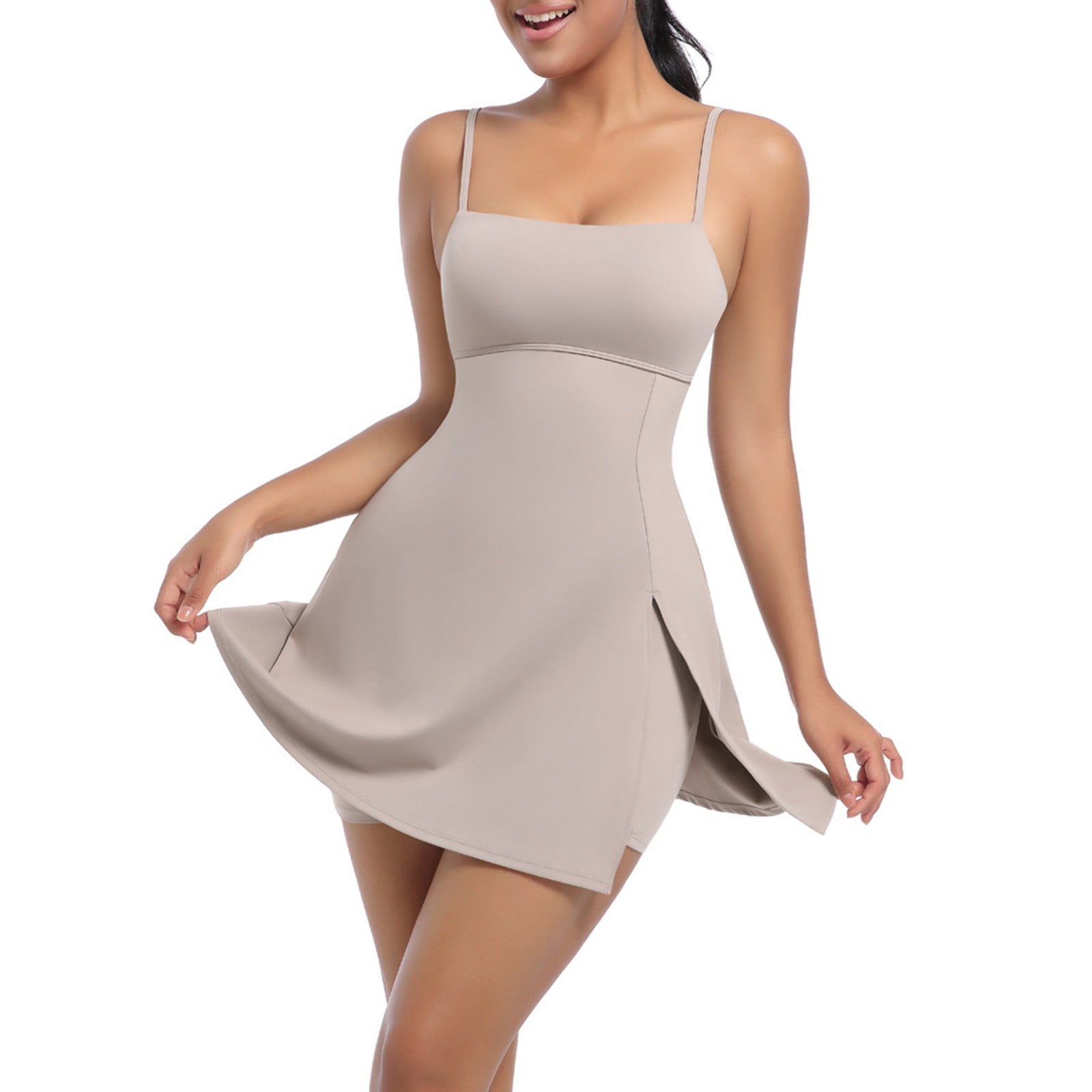 jtjvou Women's Tennis Mini Dresses Workout Golf Athletic Sleeveless Backless Spaghetti Strap Slit Dress with Built in Shorts Khaki S