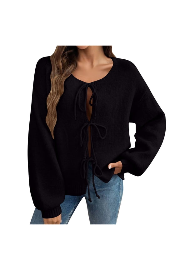 Women's Tie Front Bow Cardigan Sweaters 2025 Fall Winter Casual Loose Fit Long Sleeve Knit Sweater Coats Outerwear Black S
