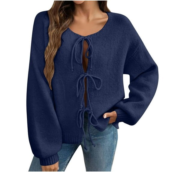 jtjvou Women's Tie Front Bow Cardigan Sweaters 2025 Fall Winter Casual Loose Fit Long Sleeve Knit Sweater Coats Outerwear Blue M