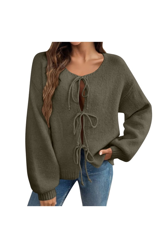 Women's Tie Front Bow Cardigan Sweaters 2025 Fall Winter Casual Loose Fit Long Sleeve Knit Sweater Coats Outerwear Green L