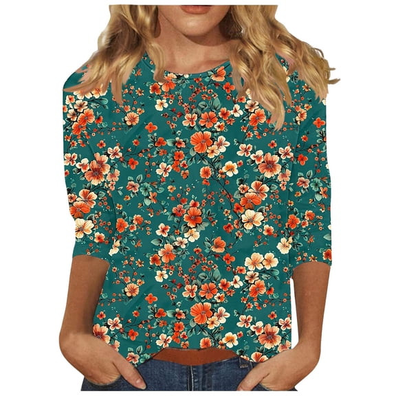 jtjvou Women's Trendy Fashion 3/4 Sleeve Blouse Floral Tees Summer Crewneck Pullover Lady Going out Tops for Teen Casual Loose Multicolor,XXXL