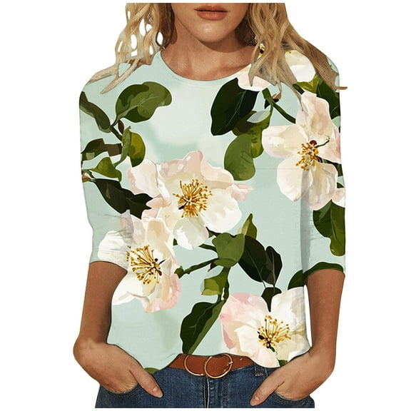 jtjvou Women's Trendy Fashion 3/4 Sleeve Blouse Going out Tops for Teen Crewneck Tees Summer Floral Tees Lady Plus Size Multicolor,M