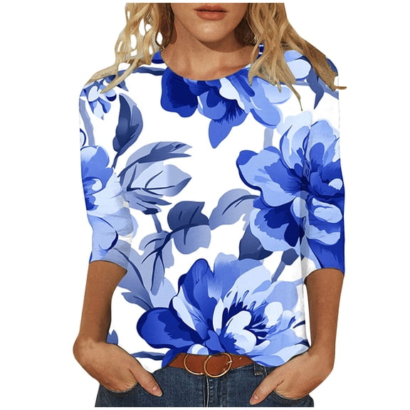 jtjvou Women's Trendy Fashion 3/4 Sleeve Shirts Going out Tops for Teen Crewneck Blouse Lady Casual Loose Summer Floral Tuinc Multicolor,M