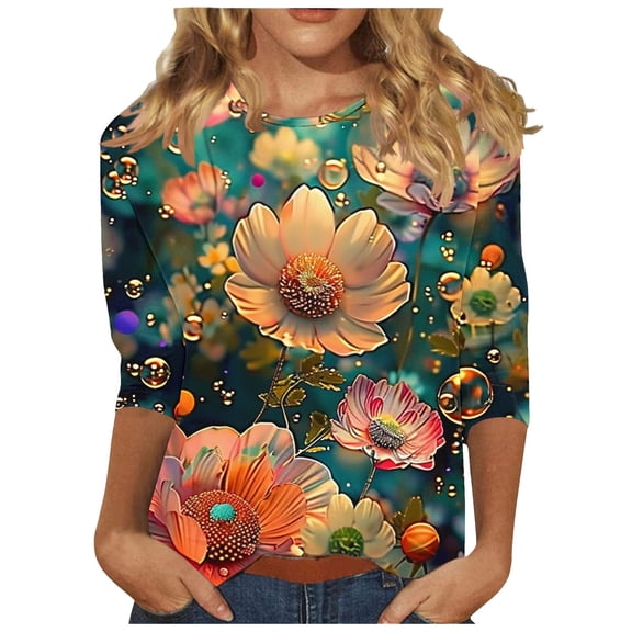 jtjvou Women's Basic Business Work T-Shirts Trendy Fashion 3/4 Sleeve Tops Floral Blouse Summer Oversize Going out Tops for Teen Crewneck Pullover Multicolor,L