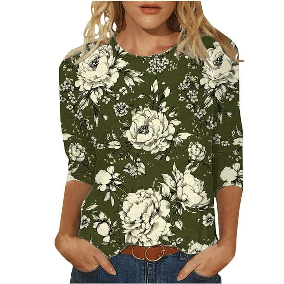 jtjvou Women's Trendy Fashion 3/4 Sleeve Tops Lady Plus Size Summer Round Neck Shirts Floral Blouse Going out Tops for Teen Multicolor,L