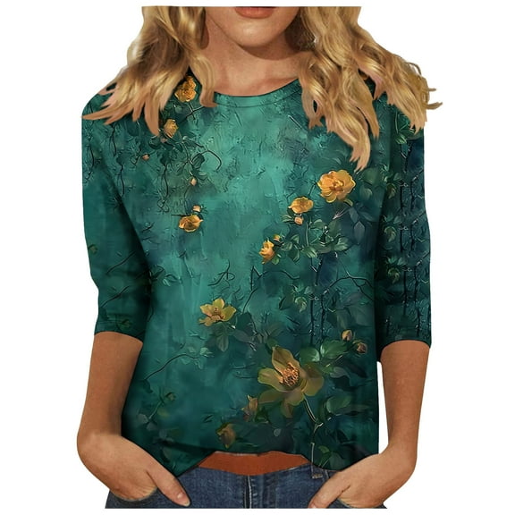 jtjvou Women's Trendy Fashion 3/4 Sleeve Tuinc Summer Going out Tops for Teen Oversize Round Neck Tees Floral Pullover Lady Multicolor,S